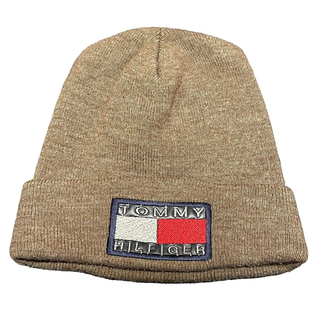 Tommy Hilfiger Y2K Brown Beanie Hat Vintage Adult OSFM Embroidered Logo EUC RARE